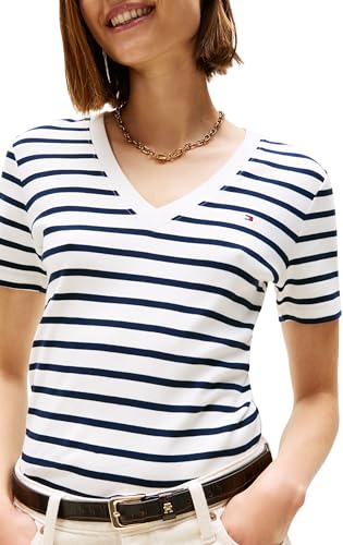 Tommy Hilfiger Camiseta de Manga Corta Mujer New Slim Cody con Cuello de Pico, Multicolor (Breton/ECU/Dark Night Navy), S