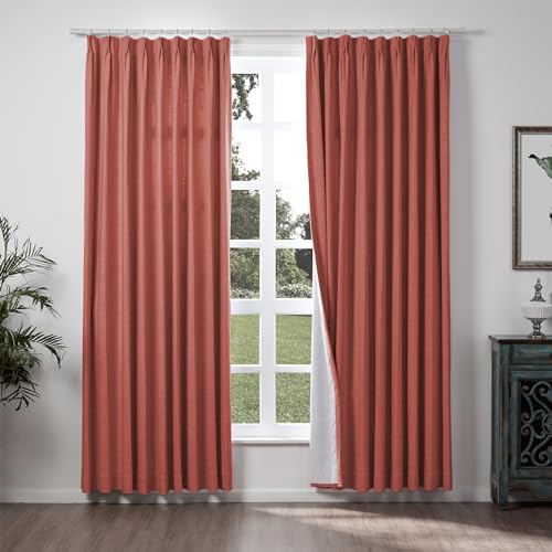 Cortinas de lino de poliéster con forro térmico opaco para puerta corrediza, patio, color ladrillo refractario, 127 x 213 cm, cortina plisada para sala de estar y dormitorio, eficiencia energética,