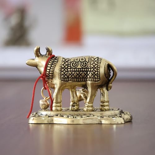 Image of KridayKraft Kamdhenu Cow with Calf Metal Rajasthani Handicrafts Decorative Showpiece for Gifting Anniversary Valentine's Day (Golden)