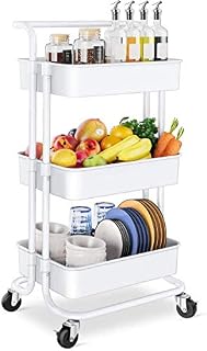 Storage Trolley Cart - 3 Tier Rolling Utility Organizer Rack, Craft Art Cart, Multi-Purpose Organizer Shelf, Tower Rack Serving Trolley for Office Bathroom Kitchen Kids Room Laundry Room, White