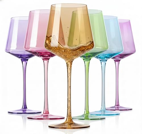 Physkoa Colored Wine Glasses Set 6-16oz Colorful Wine Glass With Tall Long Stem&Flat Bottom,Colored Stemmed Wine Goblet, Wine Gifts for Women Mom Wife Friend