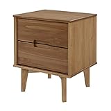 Walker Edison Mid Century Modern Grooved Handle Wood Nightstand Side Table Bedroom Storage Drawer and Shelf Bedside End Table, 2 Drawer, Caramel