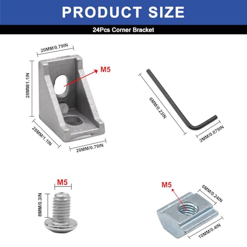 Image of 24pcs 2020 Corner Bracket 2020 Aluminum Extrusion Hardware T-Slotted Accessories V-Slot with Screws for 8020 Aluminum Profile 3D Printer Frame Parts Silver