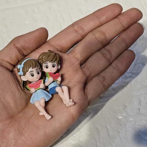 Image of Miniature Cute Watermelon Couple Figurines for Home Decor Fairy Garden Dollhouse Accessories Tabletop Showpiece Gift Item Set of 2 Blue