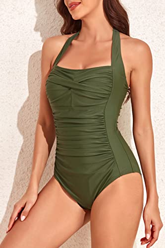 Image of Smismivo Tummy Control Swimwear Halter One Piece Slimming Vintage Retro Swimsuit Womens Ruched Push Up Bathing Suit