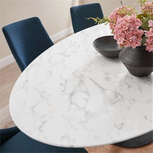 Image of Modway Lippa 78 inch Oval-Shaped Mid-Century Modern Dining Table with Artificial Marble Top and Black Base