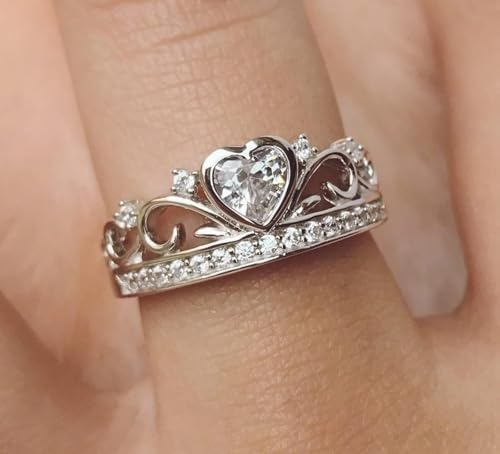 Princess Queen Crown Ring 925 Sterling Silver Shiny Eternity Heart-Shaped Cubic Zirconia Crystal Diamond Promise Ring Zircon Jewelry for Women (Size 8)3