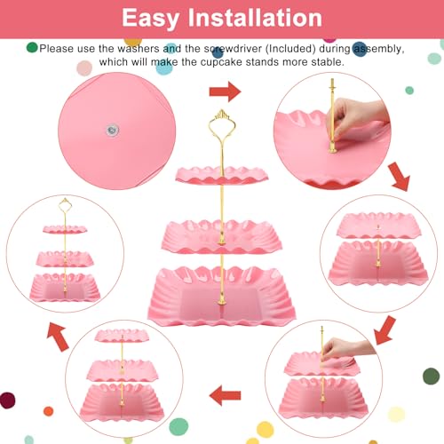 Coitak 8 Pieces Cupcake Stand Set, 2 PCS 3 Tier Cupcake Stands with 3 PCS Appetizer Trays, 3 PCS Serving Tongs, Dessert Tower Tray for Tea Party (Pink) by Coitak - Image 5