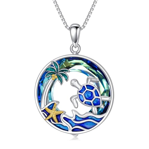 TOUPOP Sea Turtle Gifts Sterling Silver Tropical Palm Tree Ocean Pendant Crystal Sea Turtles Jewelry Christmas Summer Gifts for Women Her