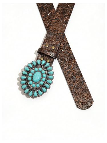 GORGLITTER Women's Western Leather Belt Vintage Turquoise Buckle Waist Belt for Dress4