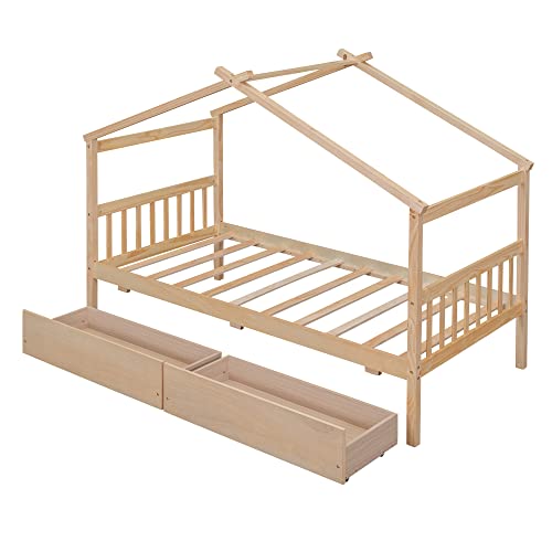 Merax Twin Size Wooden House Bed With Two Drawers, Wood Bed Frame With Roof For Kids, Teens, Boys Or Girls, Natural #TOP4
