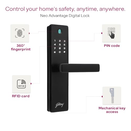 Image of Godrej 'New Launch' Smart Lock | Neo Advantage | 4 in 1 Main Door Digital Lock | 4 Access Modes | Fingerprint, RFID, PIN, Mechanical Key |for Home & Offices | Black | 3Yrs Warranty Free Installation*