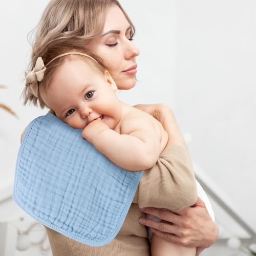 Image of MIGIOL Baby Burp Cloths 100% Cotton Newborn Muslin Burp Cloths 10x20 inches Baby Essentials White & Blue 6-Pack