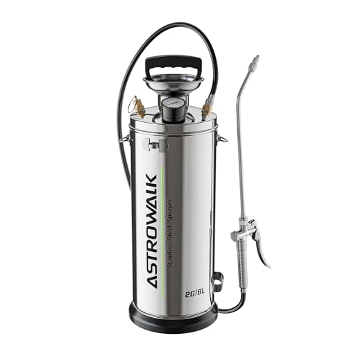 ASTRWK 2 Gallon Pump Sprayer Heavy Duty Stainless Steel Sprayer with 20 All-Steel Wand & 4FT Hose for Lawn Garden Pest Control & Form Oil Applications Includes Viton & EPDM Seals Gloves