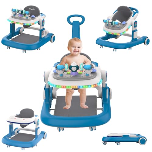 Image of Urmachmore Baby Walker, Baby Walker with Wheels and LED Light, 4 in 1 Foldable Baby Walker, Adjustable Speed and 3 Height for Baby Girl and Baby Boy, Baby Walkers for Babies 6-18 Months, Blue