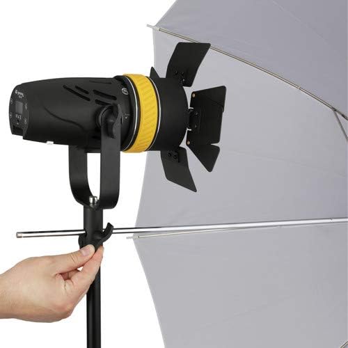 Genaray Torpedo LED light mounted on a stand with an umbrella