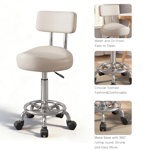 Walktory Vanity Chair with Back Small Armless Office Chair with Wheels and Footrest, PU Leather Adjustable Height Swivel Chair for Bedroom, Home Office White — view 4