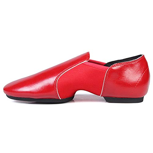 SWDZM Women and Men's Jazz Dance Shoes Leather/Stretch Canvas Slip-on Ballroom Performance Practice Jazz Dance Shoes,Red,Model-WZJ 6 B(M) US