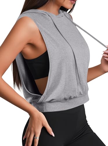 Remidoo Women's Sleeveless Hoodies Open Side Workout Activewear Crop Tank Top Gery Medium