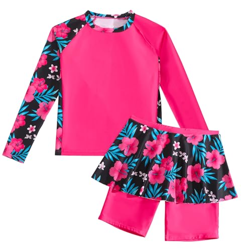 Image of Kids Girls Swimsuit Long Sleeve Rashguard Swimwear Set Two Piece UPF 50+ Beach Bathing Suit Swimming Skirt with Shorts Rosy 7-8 Years