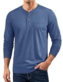 CRYSULLY Tee Shirts for Men Long Sleeve Pocket Henley Shirt Moisture Wicking Stylish Quarter Button Tee Grey Blue L