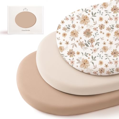 Image of Konssy 3 Pack Stretchy Bassinet Sheets for Baby Girl Boy, Soft Breathable Baby Bassinet Mattress Sheets Fit for Hourglass Oval Cradle, Moses Basket Rectangle Mattress (Flourish)
