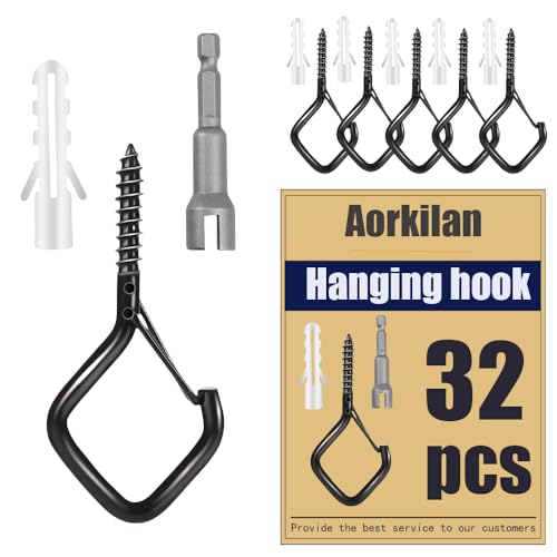 32-Pack Heavy-Duty Black Screw Eye Hooks with Safety Clips | Metal Ceiling Hooks for Hanging Plants, Wind Chimes, Bird Feeders & Indoor/Outdoor Lights