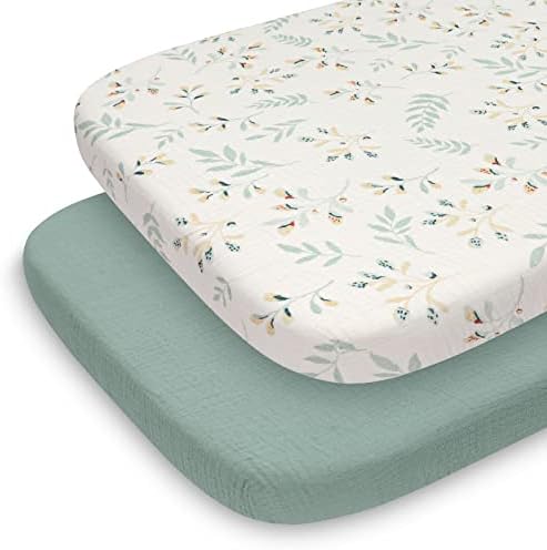 Muslin Bassinet Sheet for Baby Girl Boy, Muslin Cotton Fitted for Oval Hourglass and Rectangular Bassinet Mattress Pad, Stylish Boho Bassinet Sheets Baby Nursery, 2 Pack (Roman Green&Botanical Leaf)
