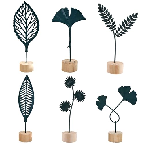 YunBey Decoración Nórdica de Planta de Metal con Base de Madera, Ornamento de Mesa con Diseño Simple de Hojas y Flores, Pequeña Escultura para Hogar y Oficina