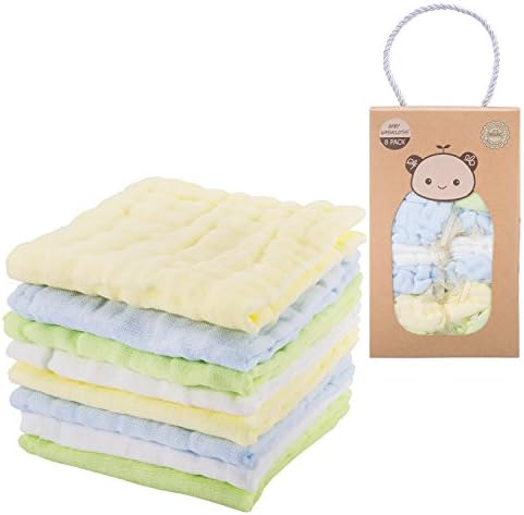 8 Pack Baby Muslin Washcloths and Towels for Sensitive Skin -Baby Gifts Set Natural Organic Cotton Baby Wipes and Soft Towel for Face, Hands and Body