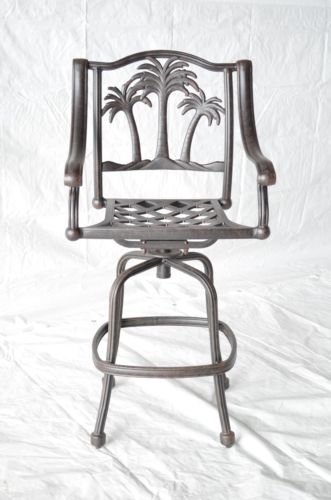 Palm Tree Outdoor Patio Set 8Pc Swivel Barstools 30" H Dark Bronze Cast Aluminum, Walnut Cushions #TOP1