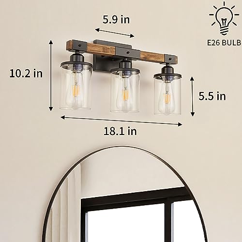 Image of 3-Light Bathroom Light Fixtures, Farmhouse Bathroom Vanity Light Rustic Wood Industrial Vintage Black Small Wall Light Sconce Lamp Over Mirror with Clear Glass Shade for Bedroom