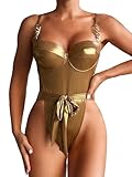 Floerns Women's One Piece Swimsuit Push Up High Cut Monokini Belt Swimwear Gold Medium