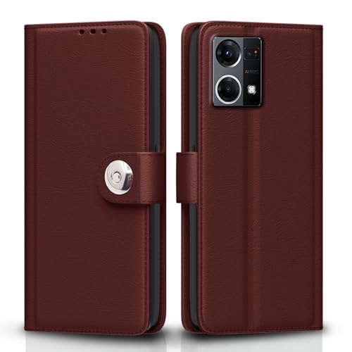 Image of Pikkme Flip Cover Leather Finish | Inside TPU with Card Pockets | Wallet Stand and Shock Proof | Complete Protection Button Flip Case for Oppo Reno 7 5G (Brown)