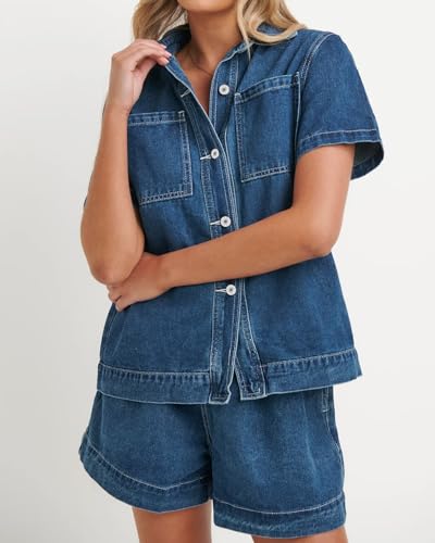 Kedera Summer Denim Set for Women 2 piece Casual Short Sleeve Boxy Shirt Tops and Shorts Pants Lounge Sets Outfits3