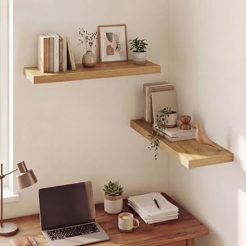 Image of Dreamland 30 Inches Floating Shelves for Wall, 9.3 inch Deep Long Floating Shelves Set of 2, Large Display & Storage Shelf, Wall Shelf for Bathroom Bedroom Living Room Kitchen Office, Oak