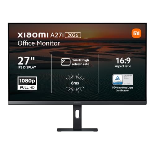 XIAOMI A27i 2026 27-calowy ekran PC FHD, 144Hz, IPS, 99% sRGB, XXL) E<1, FreeSync, TÜV Low Blue Light, bardzo cienki, 1920x1080, HDMI, DP, monitor komputera stacjonarnego - czarny