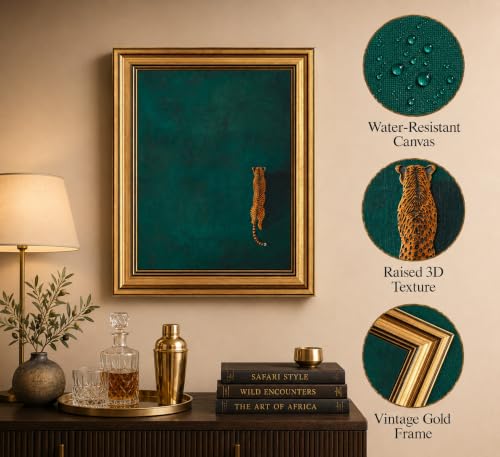 Image of Gold Framed 3D Textured Wall Art, Vintage Green Cheetah Canvas Prints, Minimalist Emerald Green Leopard Pictures Decor, Modern Trendy Animal Gallery Artwork for Living Room Bedroom Office 24x16 in