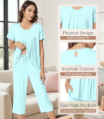 Image of NACHILA Pajamas for Women-Viscose Made from Bamboo,Short Sleeve Sleepwear Cooling Pjs Top Ladies Soft Capri Pants Pajama Sets