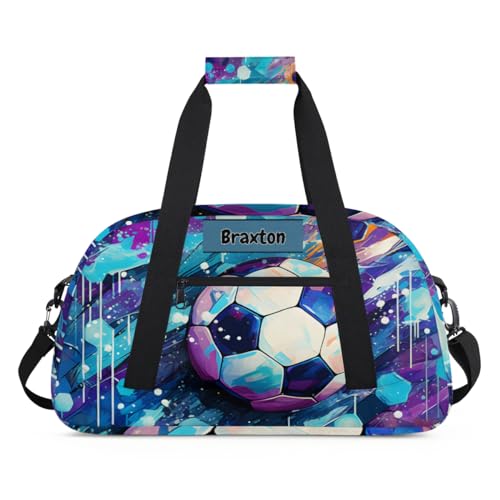 Personalized Boys Sports Soccer Duffel Bag, Custom Sport Gym Bag Large Compartment Cheerleaders Dance Bag Weekender Bags Travel Training Bag for men, Soccer Blue Purple Painted