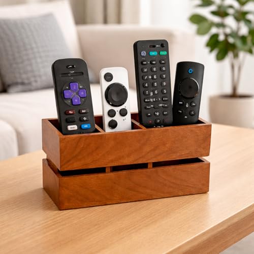 Image of Craft Expertise Wooden Remote Control Holder Stand for Living Room & Bedroom | 3 Compartment Remote Organizer for TV, Sofa & Side Table | Brown Wooden