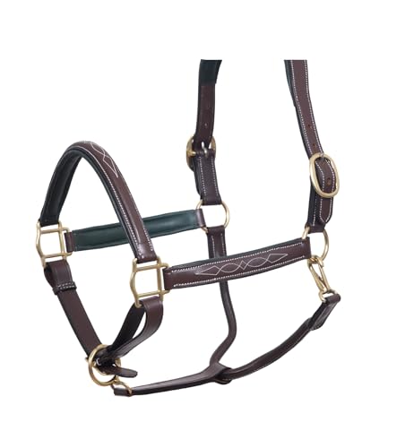 SIE EQUESTRIAN Leather Horse Halter with Brass Hardware, Pink and Black (Brown with Green Padding, Full)