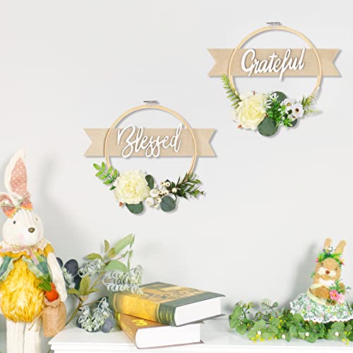 Rosecraft 2Pcs Blessed/Grateful Sign Wall Hanging Decor Include Artificial Green Plant/Fake Flower For Spring/Summer Boho Style Bedroom Home/House Living Room Aesthetic Decor Mother Day/Grandma Gifts #TOP6