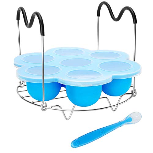 Pressure Cooker Accessories with Silicone Egg Bites Mold and Steamer Rack Trivet with Heat Resistant Handles Compatible with Instant Pot Accessories 6 Qt 8 Quart, 2 Pcs with 1 Bonus Spoon (Blue)