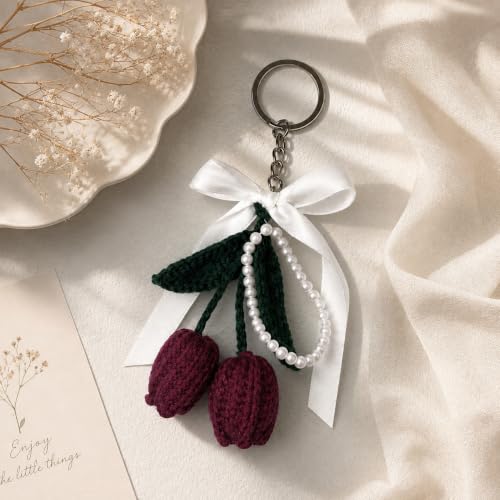 Image of Handmade Crochet Tulip Keychain with Pearl String - Cute Floral Bag Charm & Aesthetic Purse Pendant, Knitted Flower Keyring Accessory Gift for Girls & Women