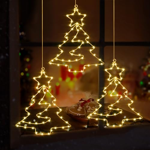 Therlan Weihnachtsdeko Fenster Beleuchtet, 3 Stück 55 LEDs Fensterbilder Baum Batterie Betrieben Mit Timer und Fernbedienung 8 Lichtmodi, LED Fensterdeko Weihnachten Beleuchtet Warmweißen