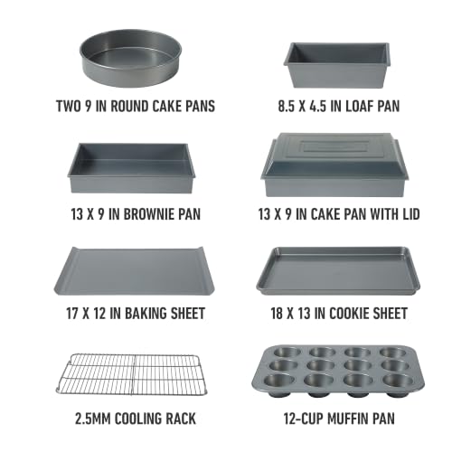 Image of Calphalon Titan 10-Piece Nonstick Bakeware Set, Baking Sheet Set, Steel Core PFA-Free Nonstick Coating, Oven Safe, Includes Sheet Pans, Muffin Pan, Round Cake Pans, Loaf Pan and Cooling Rack - Silver