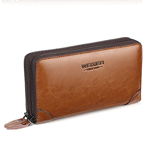 JNKET Genuine Cow Leather /PU Leather Clutch Bag Business Men‘s Long Wallet Double Zipper Wallet with Detachable Wristlet (01-Light brown) - Image 4