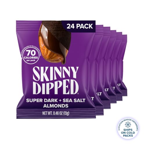 Image of SkinnyDipped Super Dark Chocolate + Sea Salt Almonds, Vegan, Healthy Snack, Plant Protein, Gluten Free, 0.46 oz Mini Bags, Pack of 24 | Crunchy Whole Almonds Thinly Dipped in Chocolate | Vegan | Gluten Free | Plant Protein Snack Packs