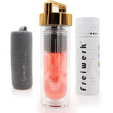 freiwerk® Tea Thermo Bottle Maker Strainer Infuser Glass Double-Walled BPA Free Neoprene Fabric Gray lid Gold Metallic 400ml Cover